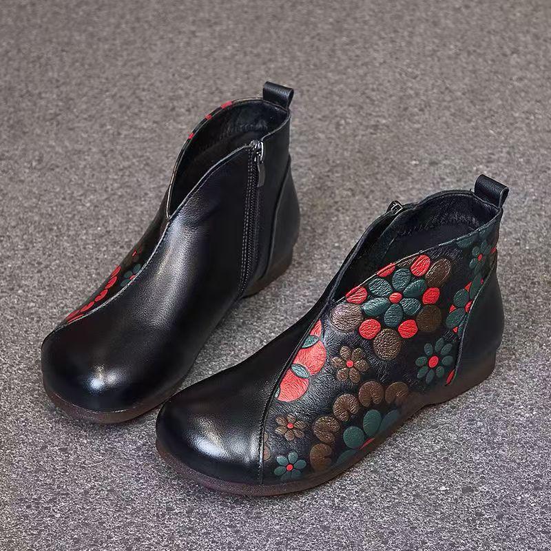 Dames Etnische Stijl Echt Leer Katoenen Laarzen Herfst Winter Nieuw Leerreliëf Pluche Warm Houden Platte zool Ritsen Enkellaarzen