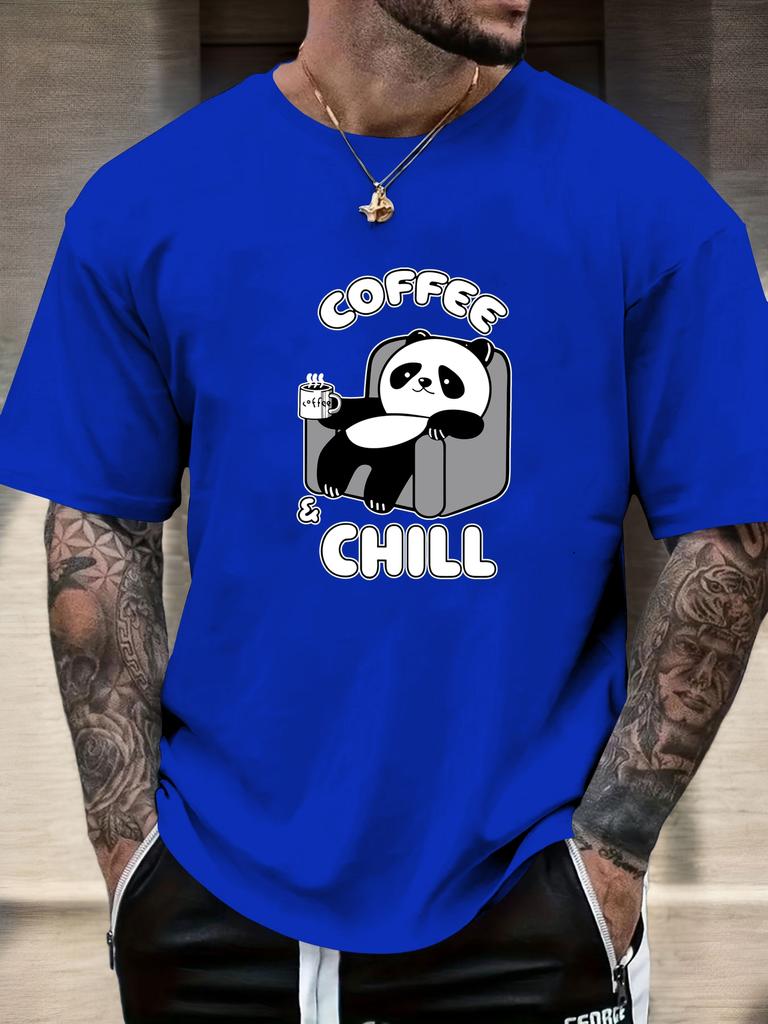 Mens Casual Tshirt Panda Coffee  Chill Print Short Sleeve Round Neck Breathable Soft Oversized Daily Wear Tee