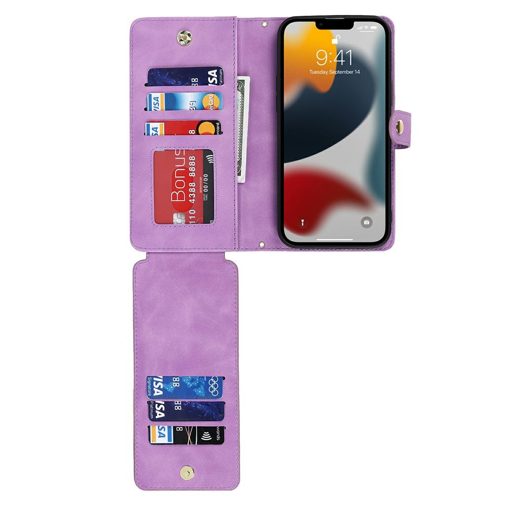 For iPhone 13 Pro Stand Case PU Leather Phone Cover with Straps/Zipper Wallet/Multiple Card Slots