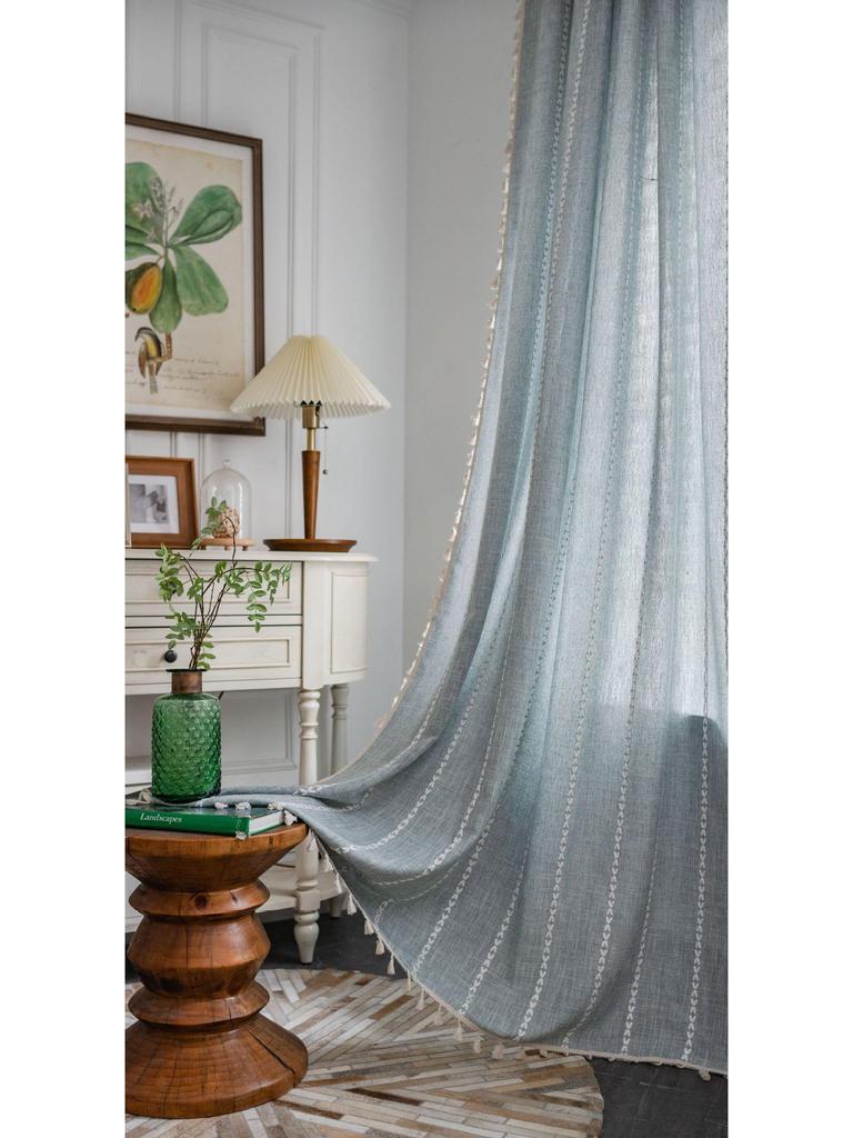 Imanqi Yun Striped Embroidery Semi-Blackout Curtains for Kitchen or Living Room, Country Style Bay Window Decor