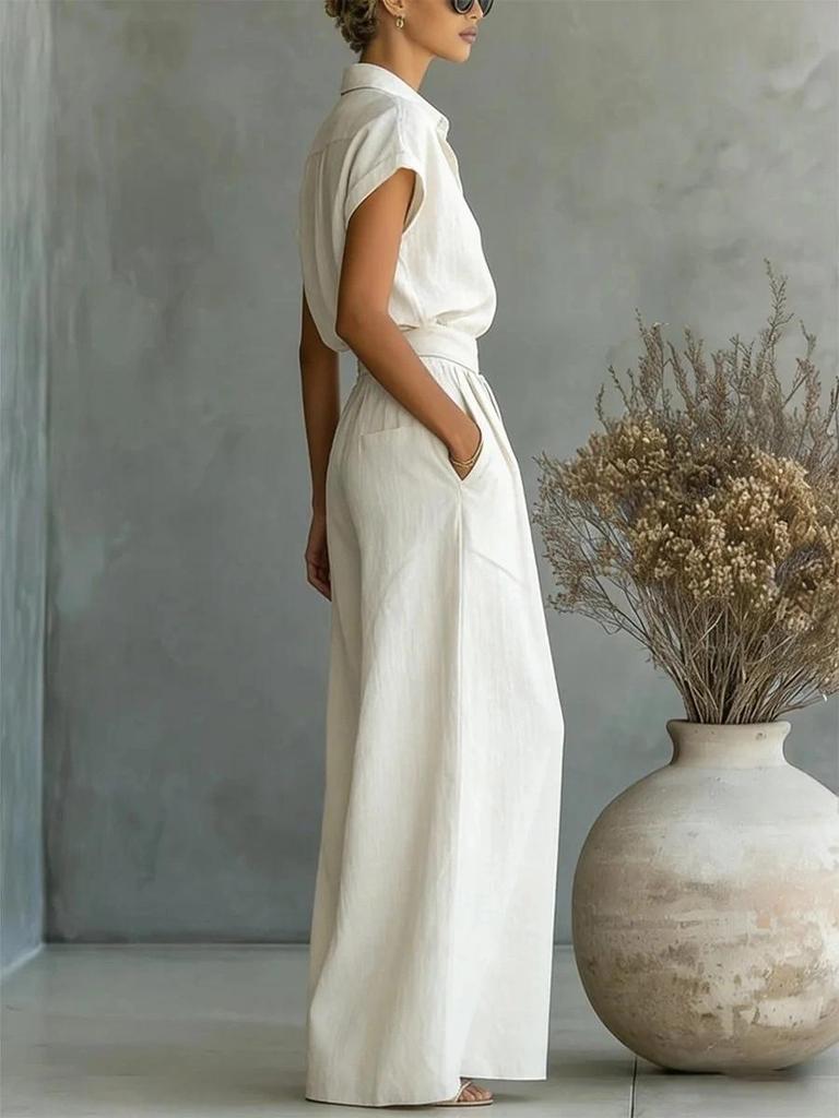 2026 Spring/Summer Casual Solid Color Shirt and Wide-Leg Pants Two-Piece Set