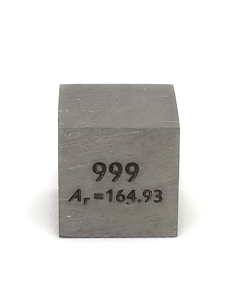 Elemental Holmium 10mm square type A specimen (Ho), cube, marking.