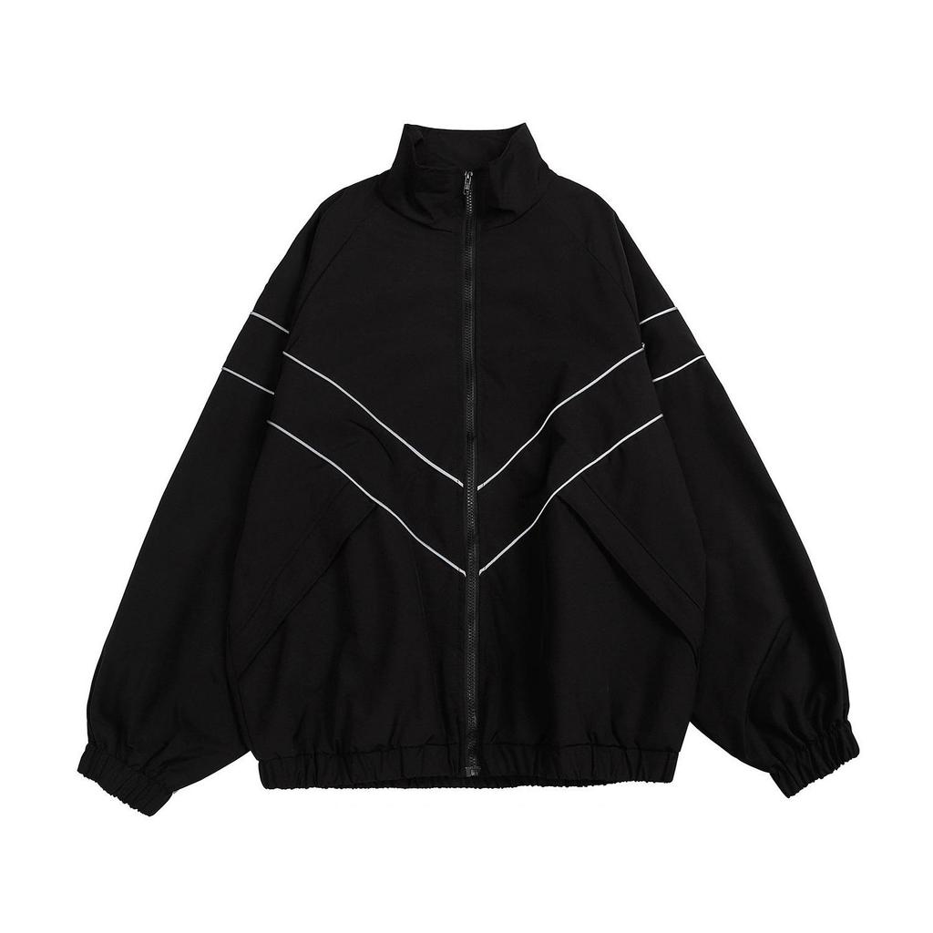 Oversized Black Windbreaker Jacket - Men's Full Zip High Neck Top with Geometric White Chevron Lines & Elastic Hem