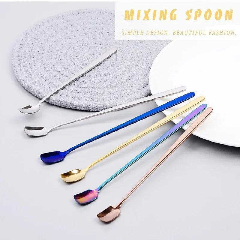 Colorful Spoon Long Handle Spoons Flatware Coffee Drinking Tools Kitchen Gadget Stainless Steel Flatware Cutlery Mini Dessert