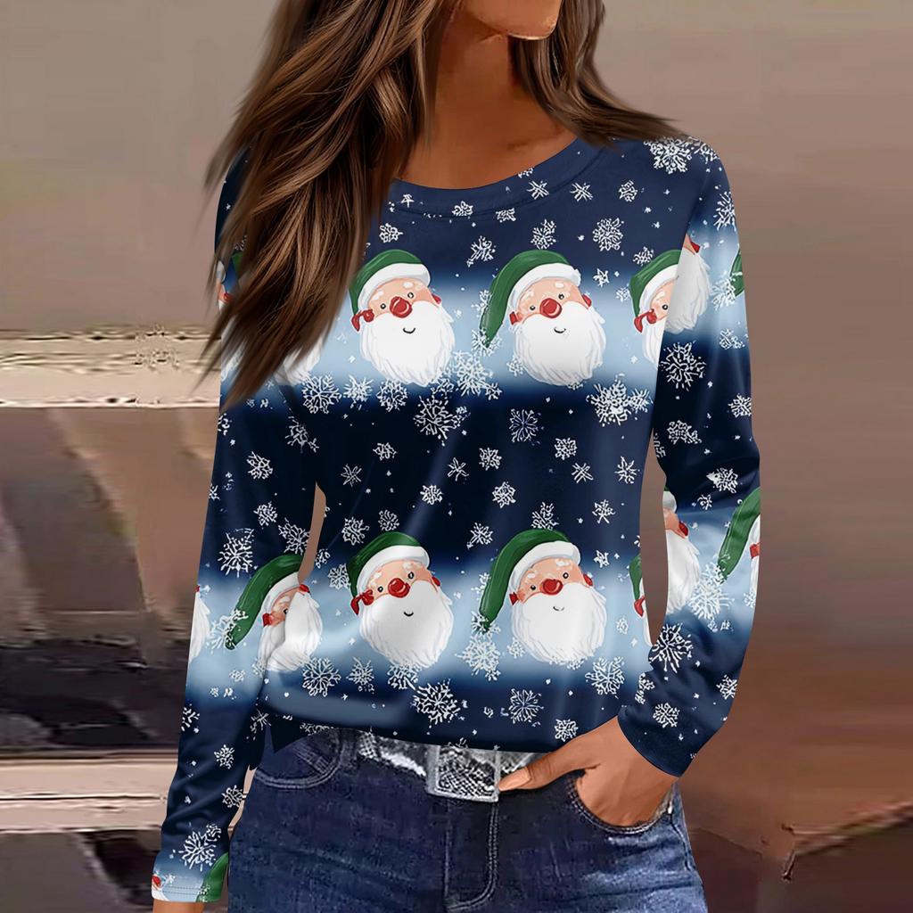 Women's Fashion Casual Slit Hem Round Neck Long Sleeve Loose Christmas Printed T-Shirt Ladies Top