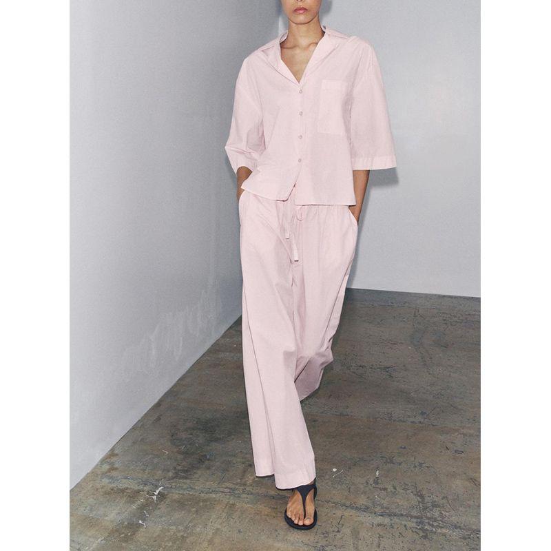 Cotton Blend Short Sleeve Lapel Short Shirt 2183062 Mid Waist Minimalist Wide Leg Casual Trousers 2183063