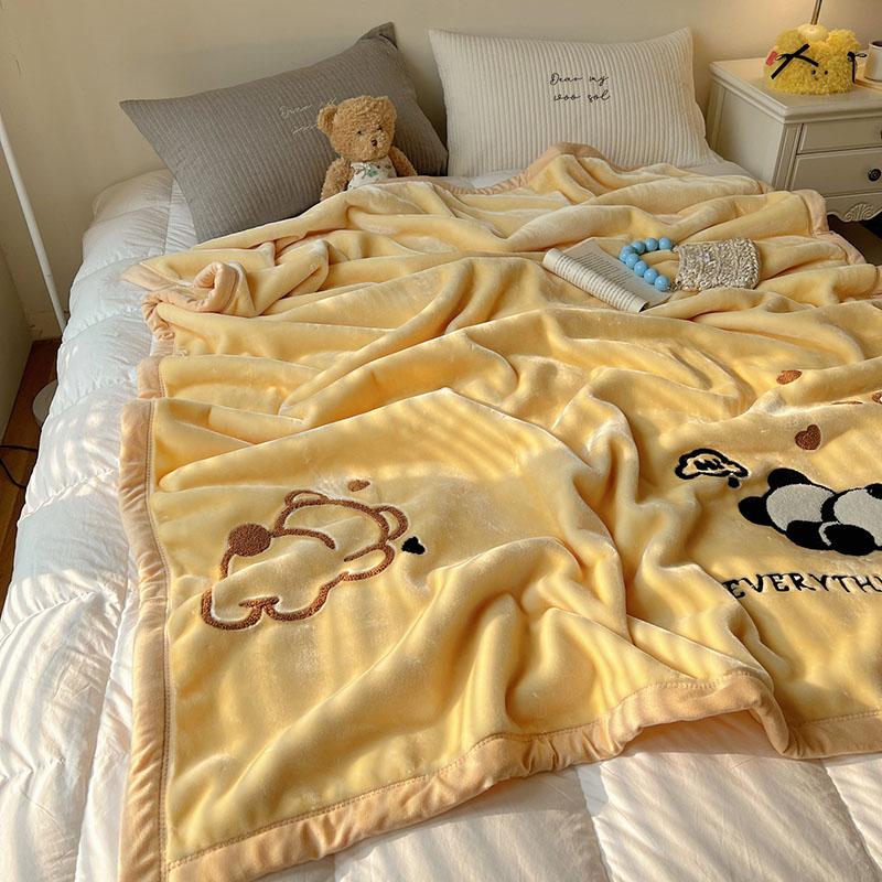 Solid Thick Cartoon Towel Embroidered Blanket Double Layer Warm Milk Velvet Sofa Cover Cozy Breathable Bedspread for Adult Kids