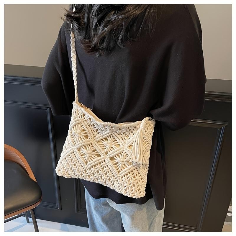 Ladies' Bohemian Style Handmade Woven Shoulder Bag - a Lightweight Summer Beach Clutch with Tassel Details,Crossbody Design