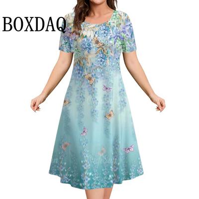Neue 2025 Kleider Damen 3D Blumen Druck Kurzarm Sommer Freizeit Pullover Mode Locker Damenkleider