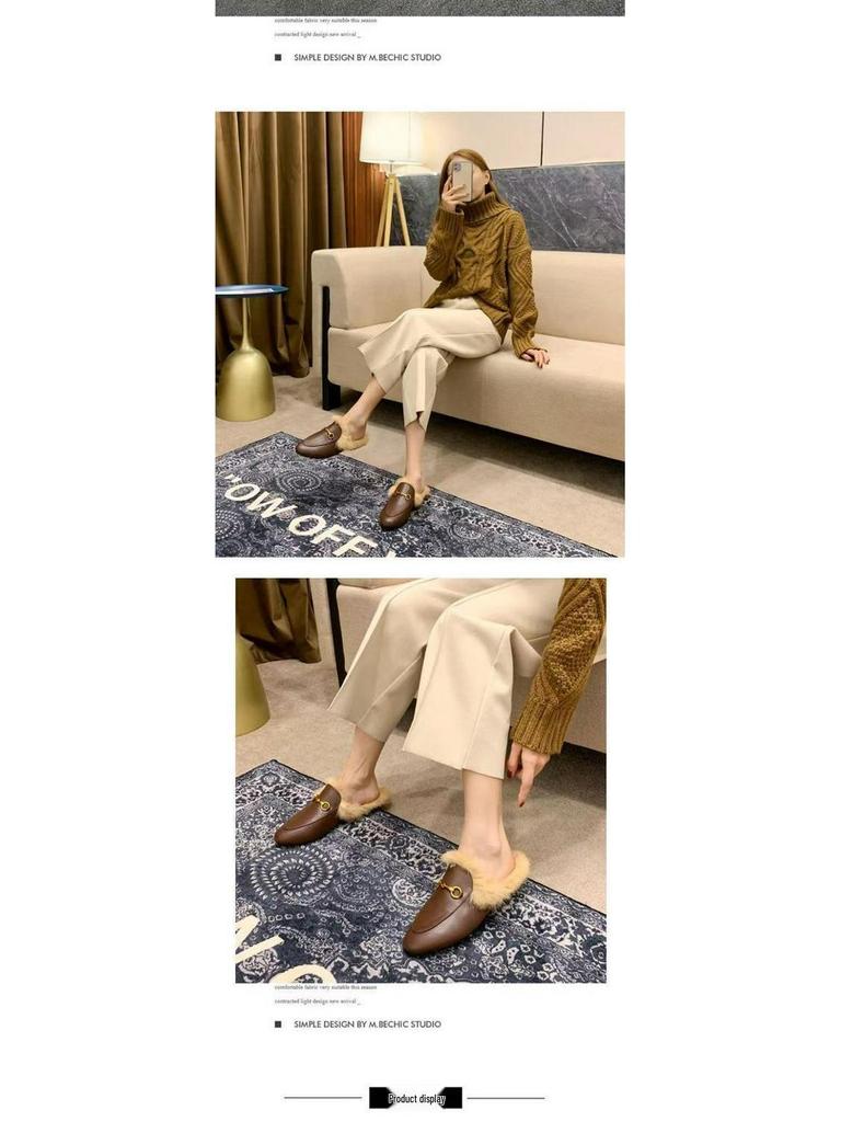 2025 Women's Genuine Leather Furry Half-Slippers with Horsebit Strap - Warm Autumn/Winter Shoes