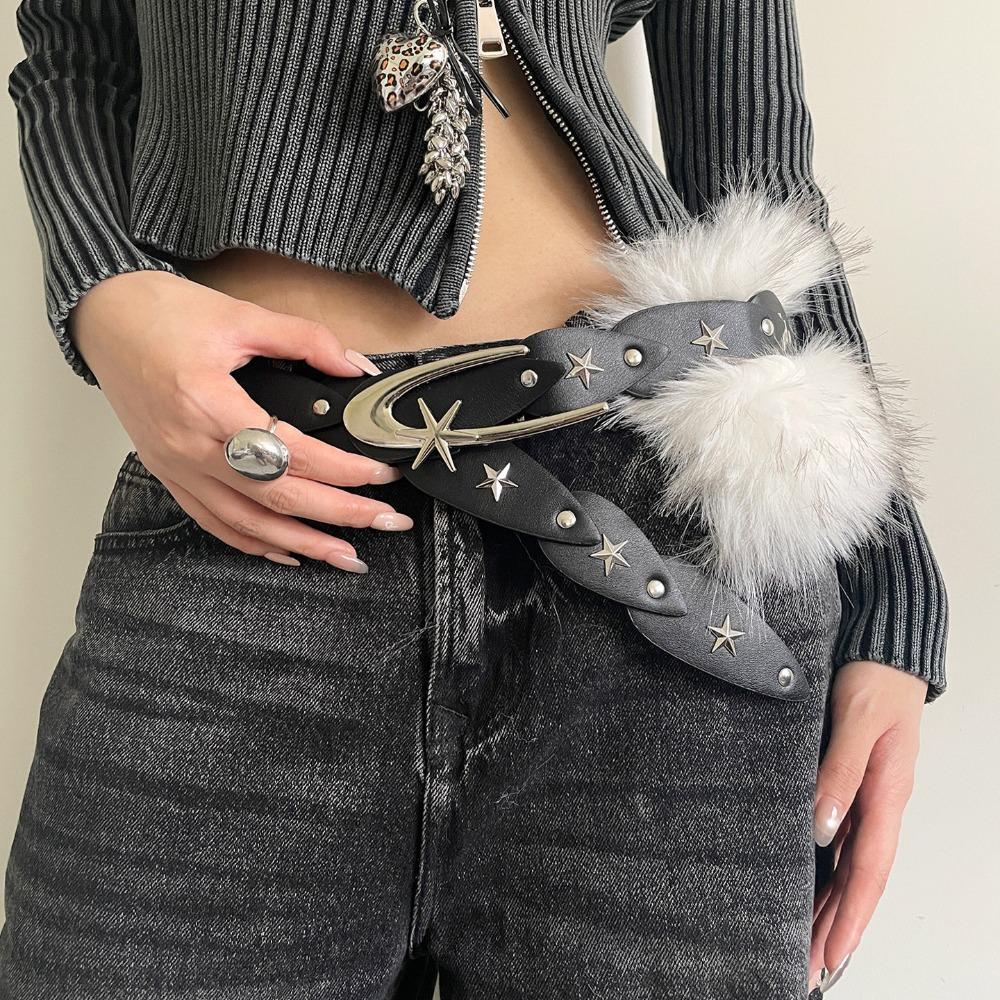 Y2K Plush Furry Splicing Belt Punk Star Rivet Belt Vintage Faux Fur Belts  Women Fashion