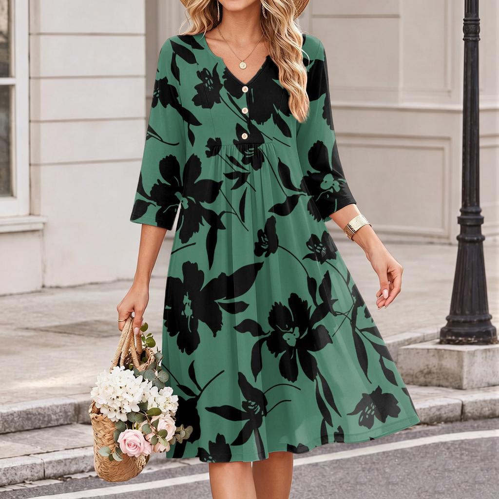 Women's Casual Floral Print V-Neck Three-Quarter Sleeve Dress