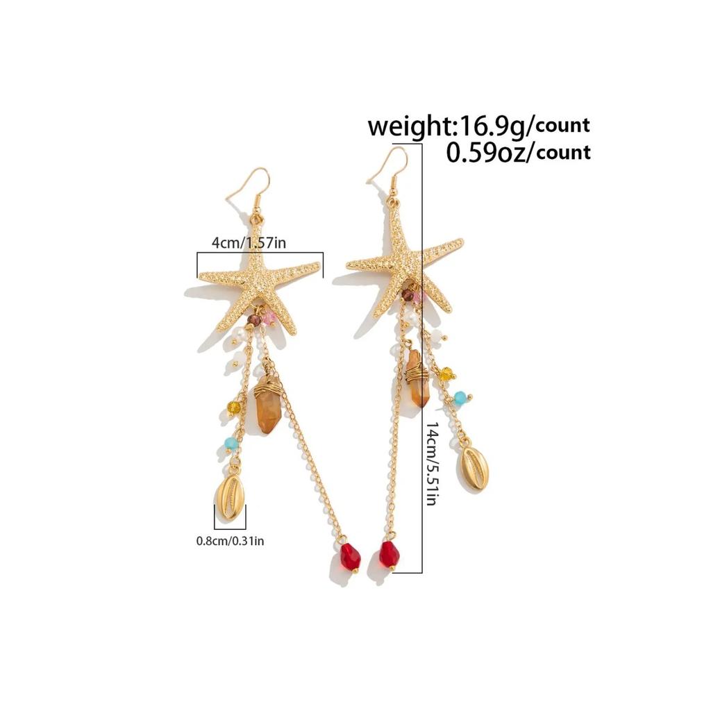 Women's Bohemian-style Alloy Statement Earring Set with a Nautical Starfish and Seashell Design, Perfect for Everyday Wear