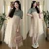 Summer Denim Patchwork Mesh Maternity Dress - Casual Loose-Fitting Sweet Outerwear