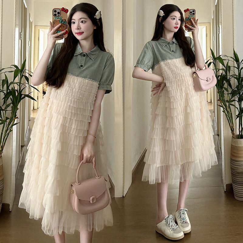 Summer Denim Patchwork Mesh Maternity Dress - Casual Loose-Fitting Sweet Outerwear