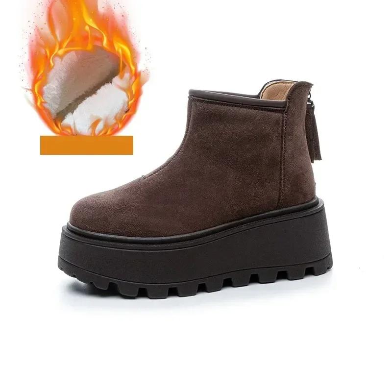 Fashion 8.5CM Suede Cow Genuine Leather Fashion Women Ankle Booties Platform Wedge Winter Plush 2025 Autumn Boots Spring Shoes Chimney