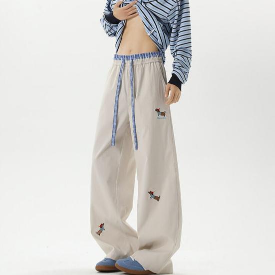 Men's Casual Baggy Pants Drawstring Waist Trousers with Cartoon Dachshund Embroidery Loose Fit Streetwear Pants for Vacation Travel School