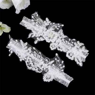 2pcs Wedding Bridal Garters Leg Loop Lace Flowers Pearls Sexy Photography Party Accessories