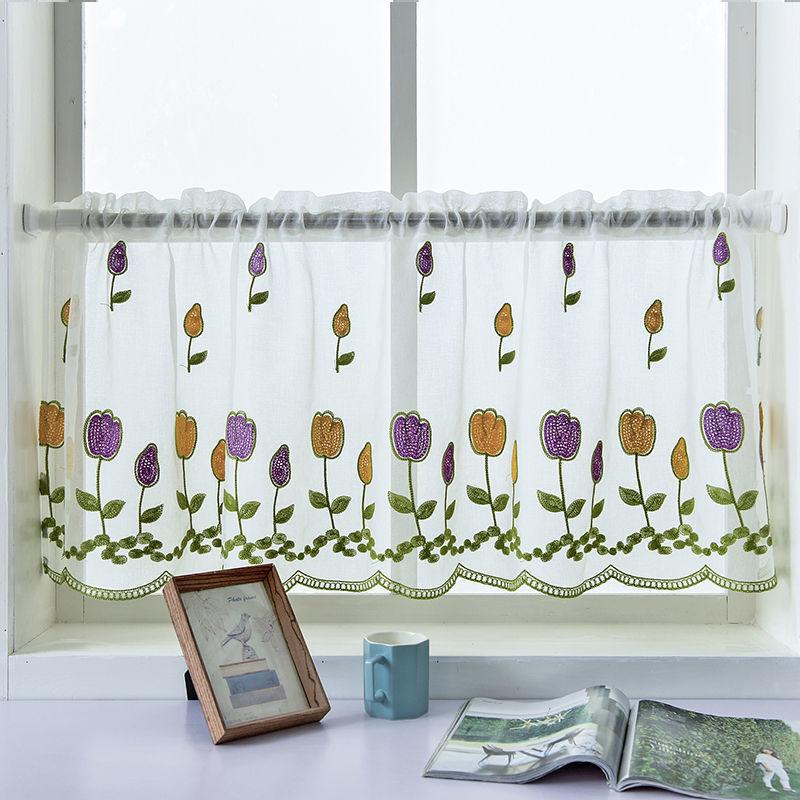 Pastoral Style Flower Embroidery Short Curtain Drapery Bedroom Window Panel Sheer Korean Fresh Half-Curtain Cafe Decor 100x50cm