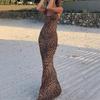 Women's Leopard Print Spaghetti Strap Mermaid Maxi Dress Slim Fit Bodycon Beach Vacation Long Dresses