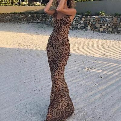 Women's Leopard Print Spaghetti Strap Mermaid Maxi Dress Slim Fit Bodycon Beach Vacation Long Dresses