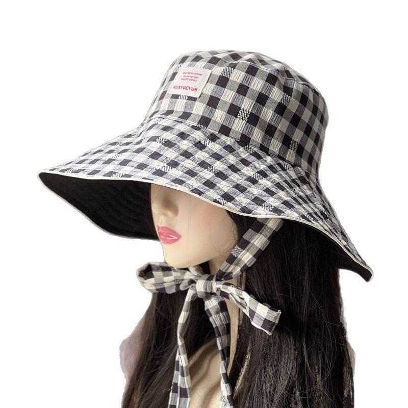 Casual bucket hat women can wear double-sided plaid versatile big eaves show face small sunshade sunscreen hat fashion basin hat