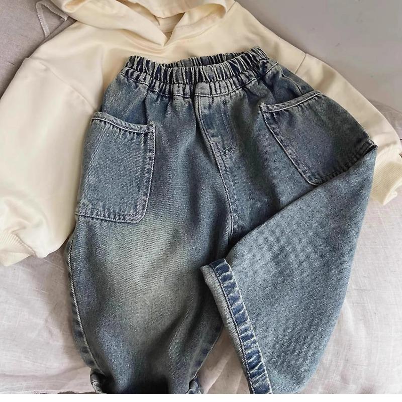Spring Autumn Kid Boys Denim Pants Pocket Polished White Children Boy Pants Elastic Waist Casual Baby Trousers