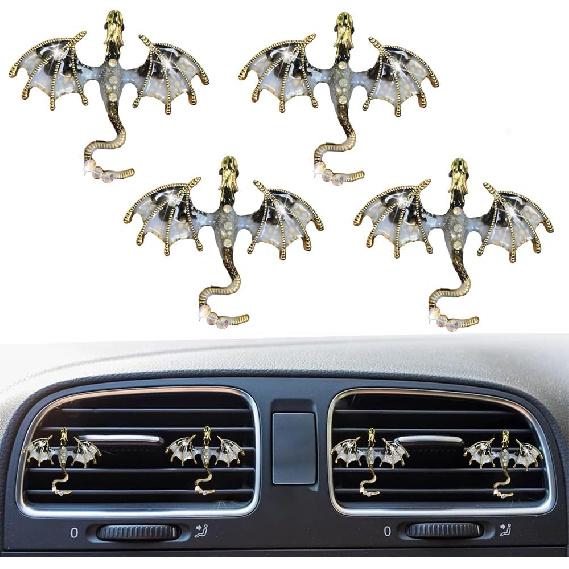 4Pcs Bling Dragon Air Vent Clips Car Air Freshener Car Accessories Enamel Fire Dragon Wyvern Vent Clips Refillable Auto Essential Oil Outlet Gothic