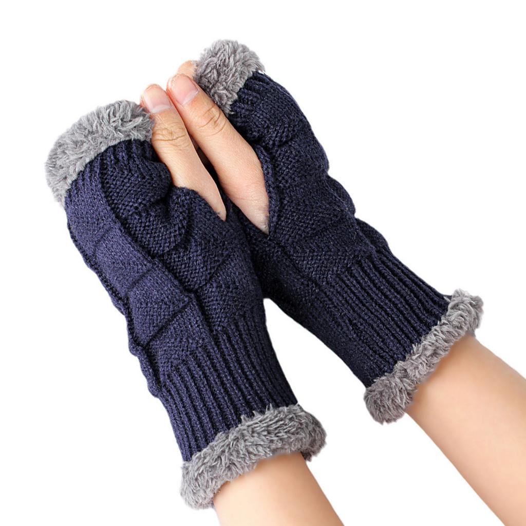 Women's Winter Fleece-lined Thickened Wool Gloves, Fingerless, Solid Color, Short Style Gloves