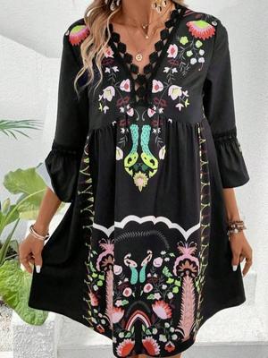 2026 Europäisches & Amerikanisches Damen Sommer V-Ausschnitt Spitze Patchwork Lässiges Bedrucktes Kleid.