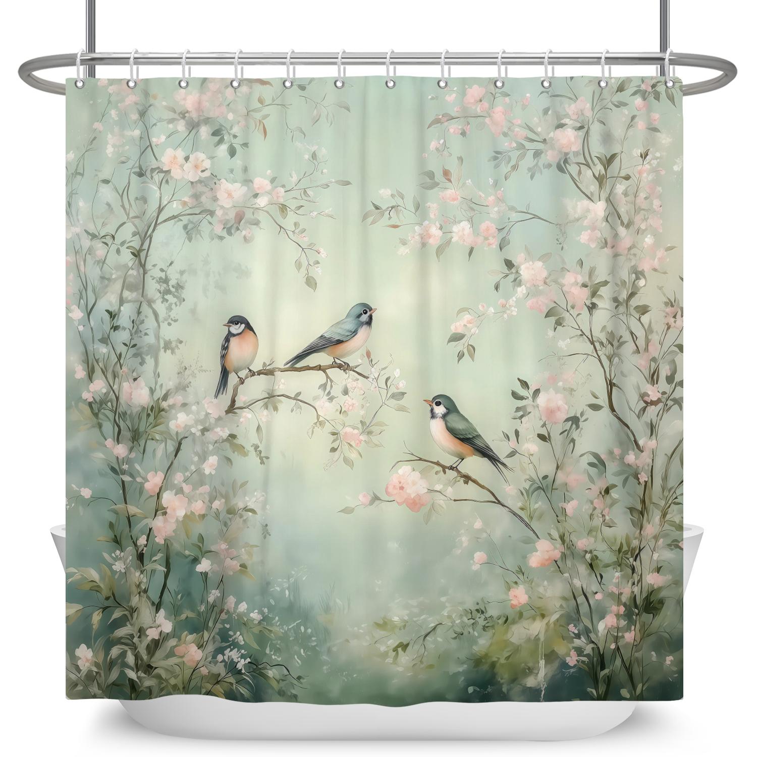 

Watercolor Floral Bird Shower Curtains Nature Print Waterproof Bath Curtain For Bathroom Decor Polyester Fabric With 12 Hooks W60H190(CM)-1 Pcs