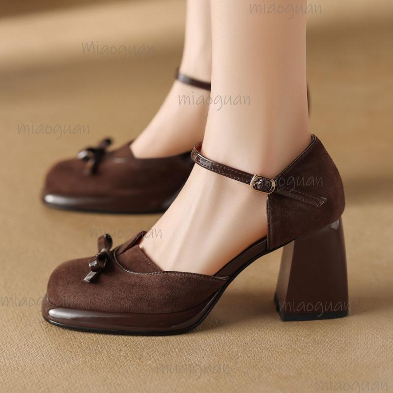 Fashion Fashion Sandals Summer New Suede Shallow Bow Single Shoes Woman's Square Toe Thick High Heel Pumps Elegant Zapatos De Mujer