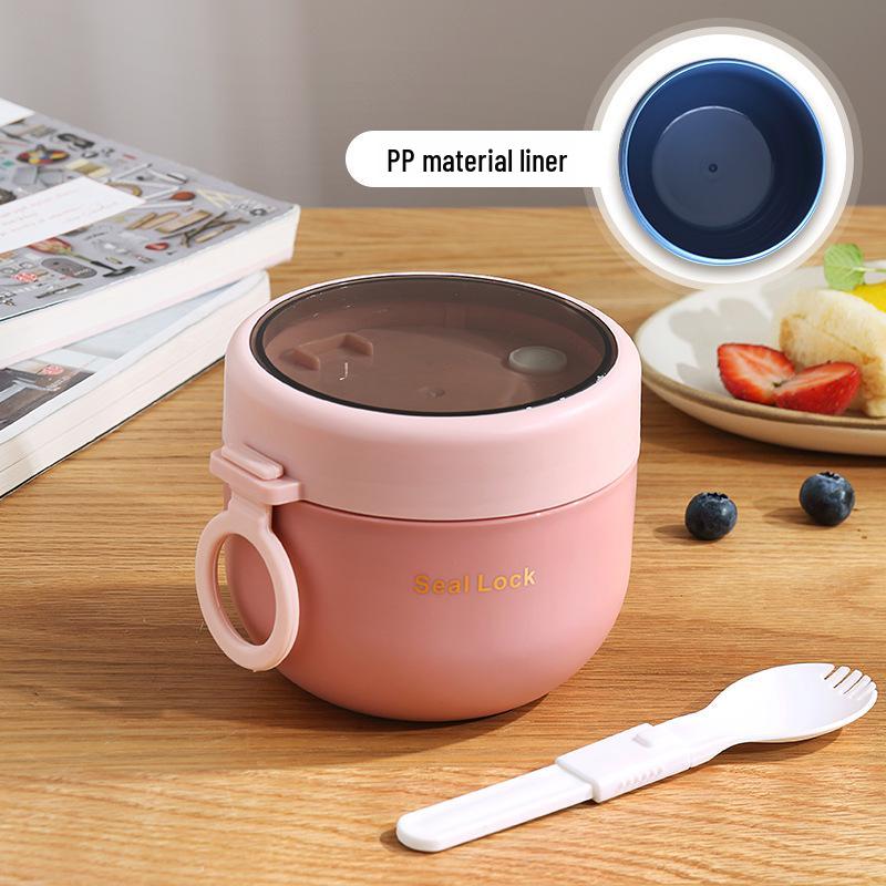 304 Stainless Steel Insulated Breakfast Cup with Lid & Spoon - Large Capacity for Porridge, Oatmeal, Milk; Portable for Students & Office Workers