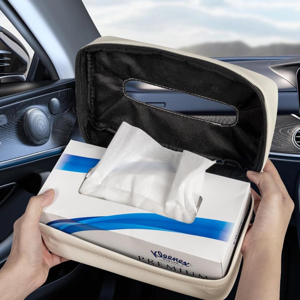 Car Tissue Holder, Standard PU Leather Napkin Organizer For Backseat, Extra Large Fits 120-150 Tissues Per Box, 9.84'' X 3.94'' X 5.51'' (Beige)