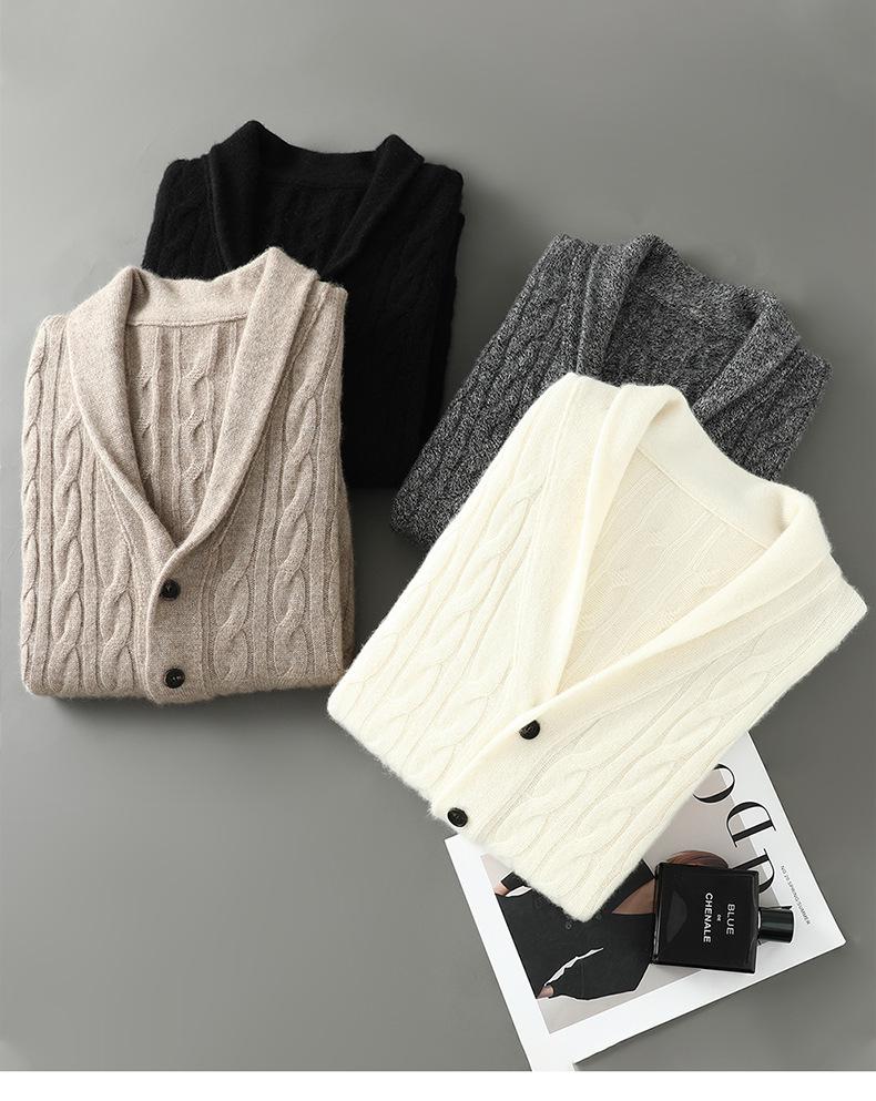 Men's Thick Cable Knit Wool Cardigan Sweater - Camel