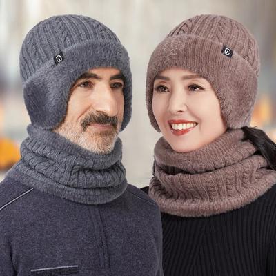 Touca de tricô inverno chapéu para idosos mulheres inverno veludo quente lã chapéu homens protetor de orelha cachecol