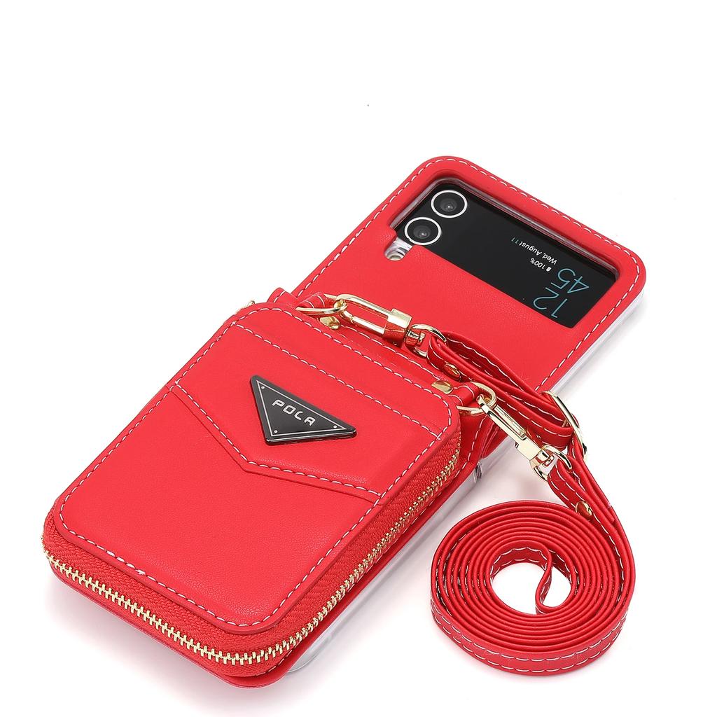 Crossbody Leather Bag Wallet Zipper Purse Case for Samsung Z Flip 6 5 4 Flip3 Neckstrap Shoulder Strap Card Holder Pocket Cover