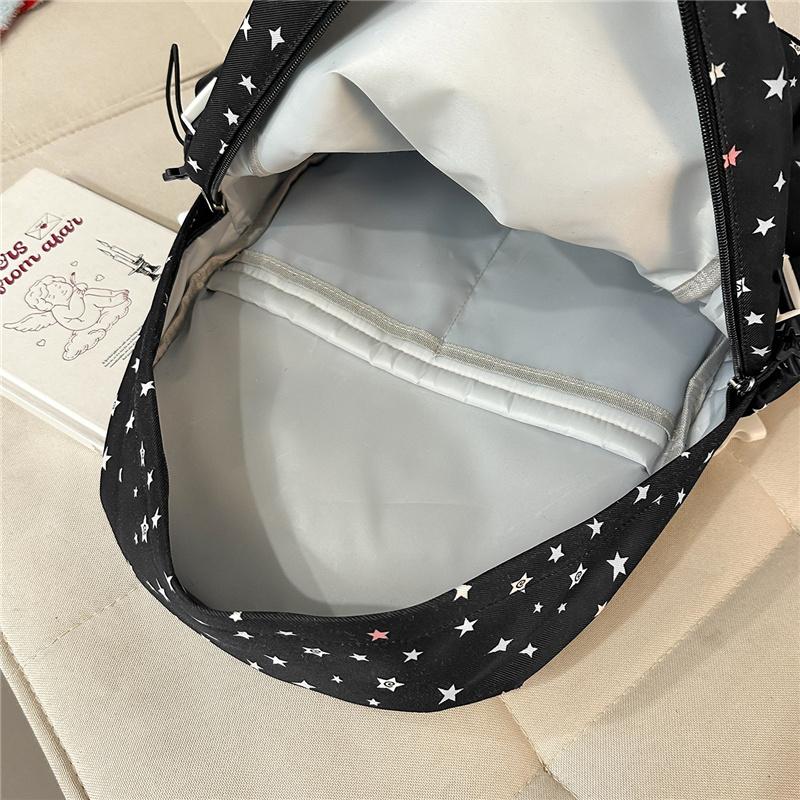 Cute Star Print Nylon Backpack for Women – Fashionable School & Daily Use Bag with Front Drawstring Pocket and Plush Charm