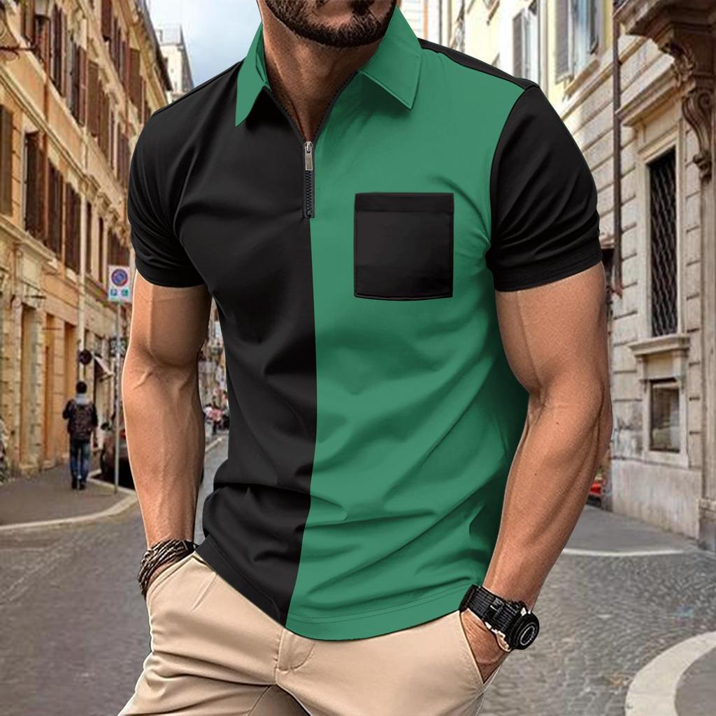 Sommer Neues Herren Kurzarm Poloshirt Halber Reißverschluss Colorblock Tasche Poloshirt Mode Lässig Polo Kragen Shirt