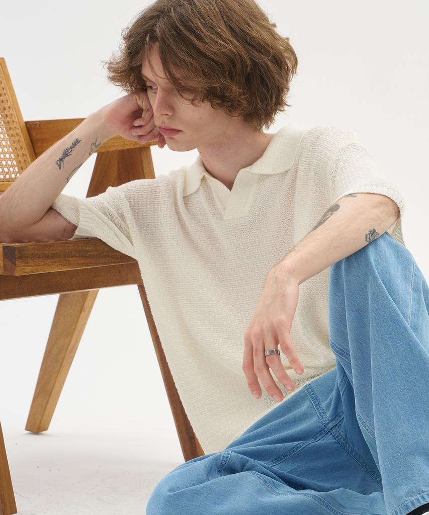 BLOND9 Soft Texture Open Collar Short Sleeve Knit_Ivory