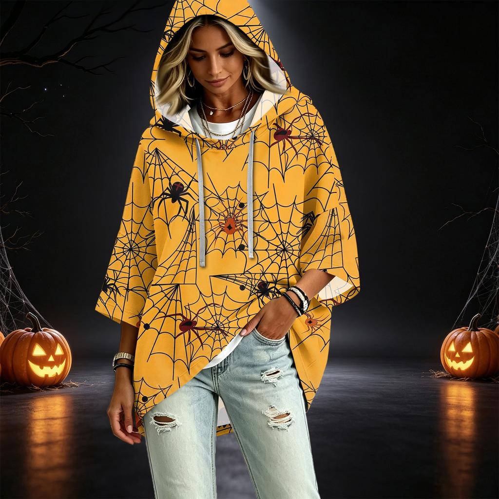 Women's Fashionable Three-Quarter-Sleeve Halloween-Printed Hooded Pullover