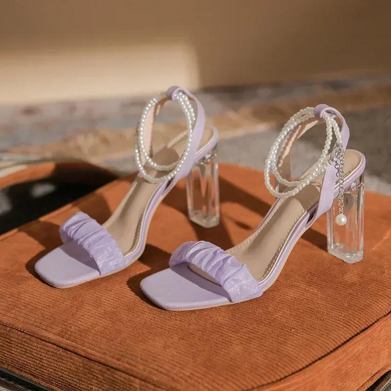 

Туфли на высоком каблуке для женской новой летней верхней одежды Прозрачные хрустальные сандалии Жемчужные римские сандалии Zapatos De Mujer Tacones Mujer 39 фиолетовый