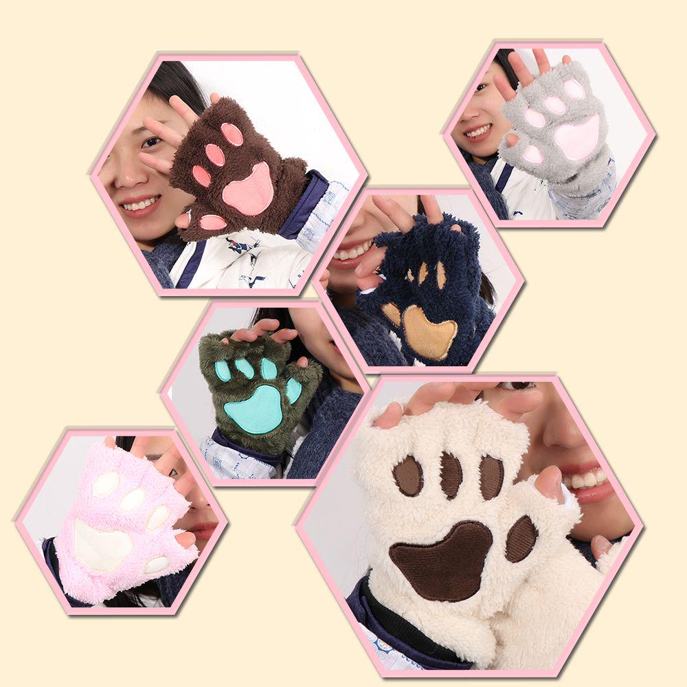 14Colors Girl Winter Warm Fluffy Plush Gloves Fingerless Bear Cat Paw