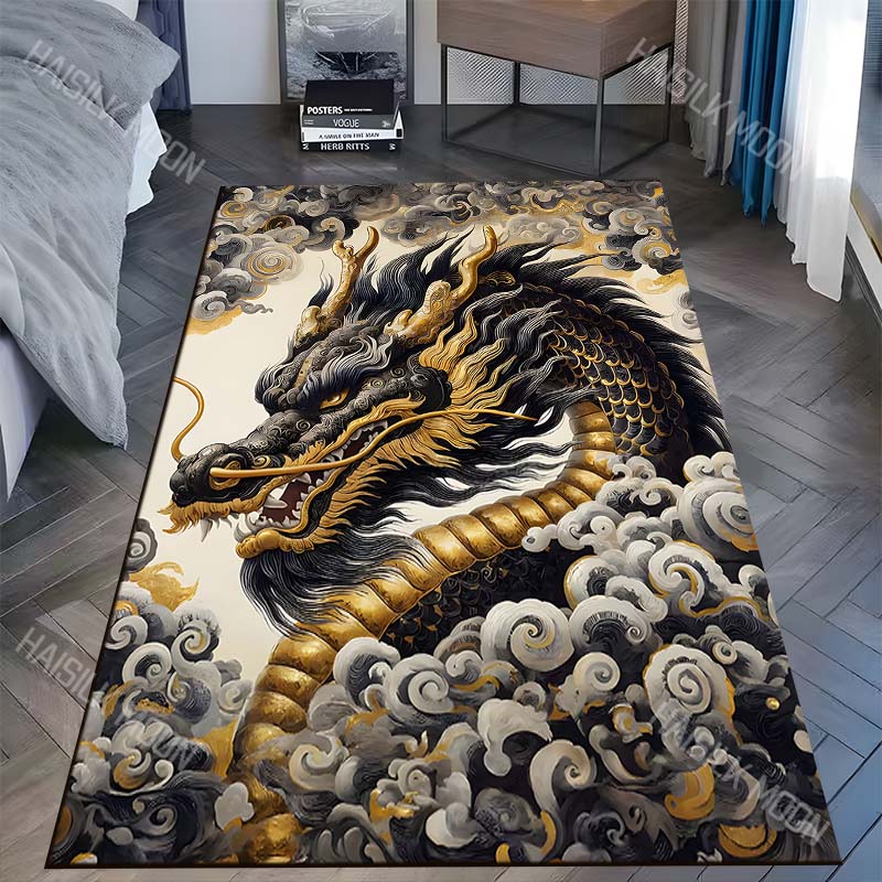 Golden Black Dragon In Clouds Print Carpet Rug for Living Room Bedroom Sofa Doormat Home Decor Non-slip Floor Mat