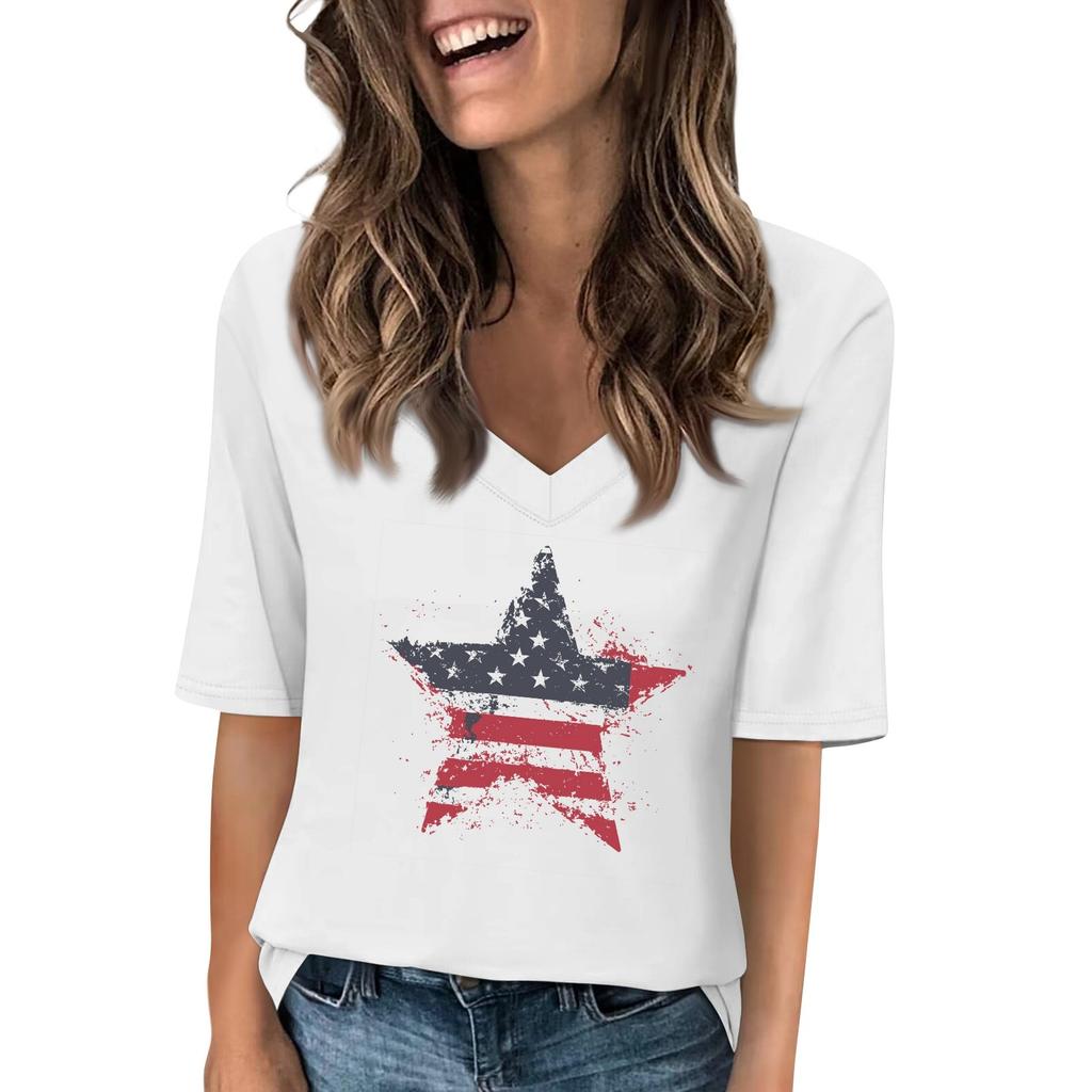 Women's V Neck T Shirts Half Sleeve Tops Printed Casual Summer Tees T Shirt Blouse