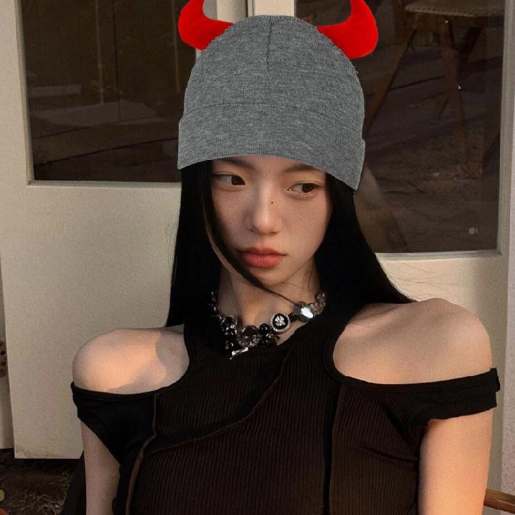 Devil Horn Winter Hat for Adult Handwoven Stretchy Caps Outdoor Activity Hat for Skiing Knitted Skull Hat Cool Accessory
