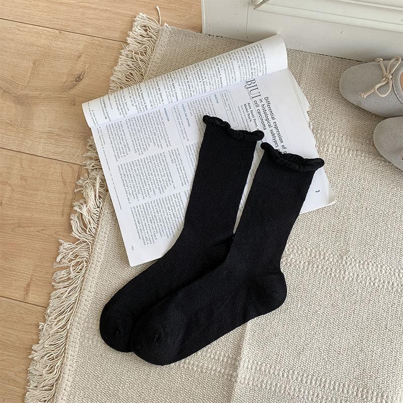 White Curled Socks Women'S Ins Wind Ultra-Thin Boneless Breathable Stacking Socks Solid Color Japanese Basic Jk Socks Medium Tube Socks