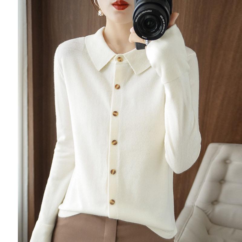 Women's Wool Cardigan with POLO Collar - Long Sleeve Sweater for Spring & Autumn