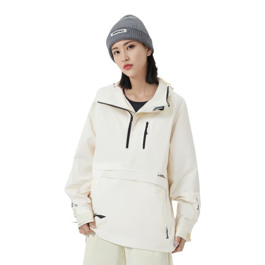 Li Ning Ski Series Half Zip Loose Ski Solid Color Letter Hooded Cotton Jacket Women Jacket Off-White AHXR060-2