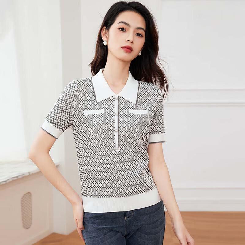 JESSIE Women's Shimmer Contrast Lapel Short Sleeve Knit Top